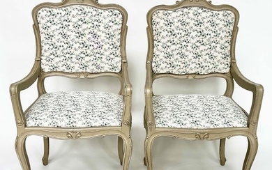 FAUTEUILS, a pair, French Louis XV style grey painted with e...