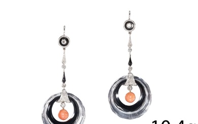 FINE PAIR OF ART-DECO DIAMOND, CORAL, ONYX AND ROCK CRYSTAL ...