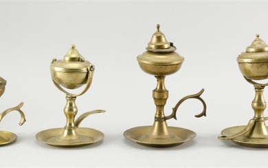 FOUR CHAMBER STICK-STYLE WHALE OIL LAMPS Three gimbaled. Heights from 4.5" to 8".