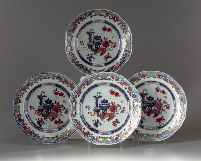 FOUR CHINESE FAMILLE ROSE DECORATED BLUE AND WHITE