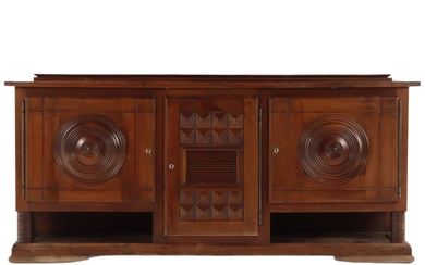 FRENCH OAK SIDEBOARD HAVING THREE DOORS AND WITH GEOMETRIC MOTIFS...
