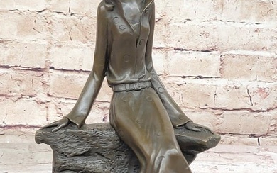 Fashionable Woman with Large Hat and Dog - Bronze Metal Art Deco Sculpture by Milo