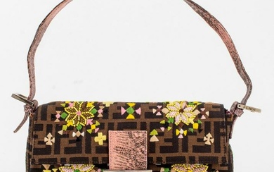 Fendi zucca baguette purse handbag embroidered in green, yellow, and pink with floral beads, with