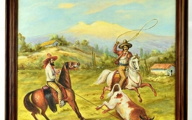 Fine Vintage Two Vaqueros ( Cowboys ) Mexican Painting