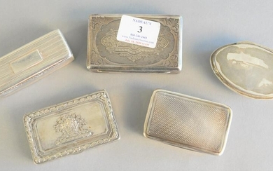 Five silver snuff or tobacco boxes having hinged covers