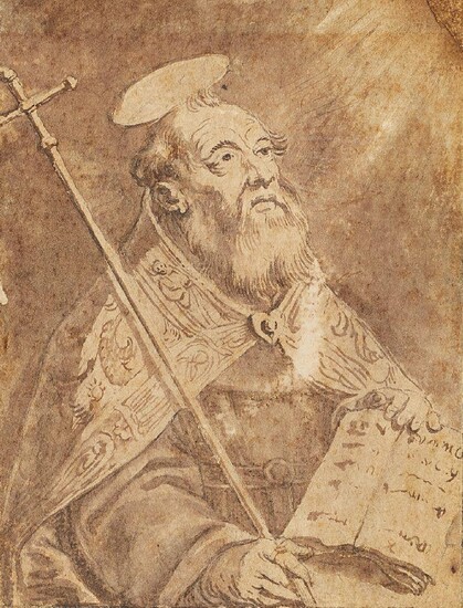 Follower of Cornelius Galle, Flemish 1576-1650- Portrait sketch of a Saint, possibly St Philip; pen and black ink and brown wash on paper, with inscription 'corneilla galle' (on the mount), 11.5 x 9 cm. Provenance: By descent in the family of the...