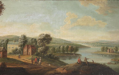 Follower of Peter Tillemans (Antwerp 1684-1734 Norton) A wooded landscape with figures by a river