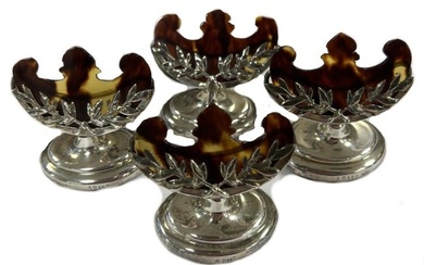 Four early 20th century silver and tortoiseshell menu holders