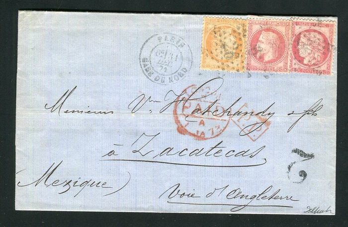 France 1873 - Rare letter from Paris bound for Zacatecas (Mexico) with the No. 32, 38 and 57 stamps