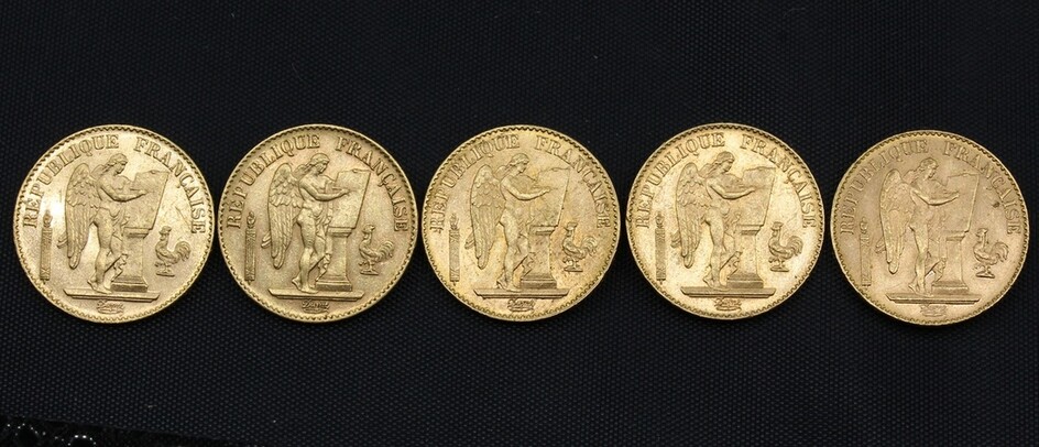 France, Third Republic, gold 20-Francs (5), 1890-A; 1893-A; 1895-A; 1896-A; 1897-A (Gad 1063; K...