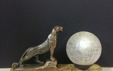 Frecourt (1890-1961) - Table lamp - Panther - Bronze patinated spelter mounted on a marble base