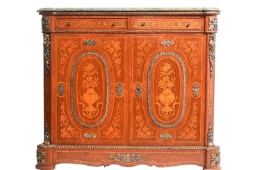 French Louis XV Style Marble Top Mahogany Cabinet
