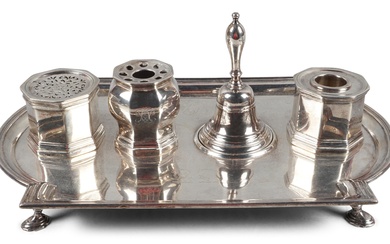 GEORGE II SILVER CRESTED LARGE FOUR-PIECE STANDISH, LONDON 1729, THOMAS FARREN