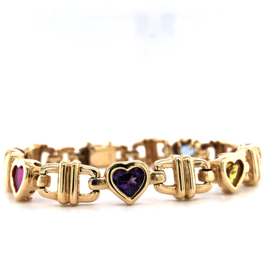 14k Yellow Gold Heart Gemstone Ladies Bracelet