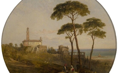 George Edwards Hering, British 1805-1879- Mediterranean View, c.1850; oil on panel, circular, held within a gilded composition frame and slip with tondo aperture, 24.1diam. cm., Provenance: Oscar and Peter Johnson, London, May 1974.Exhibited:...