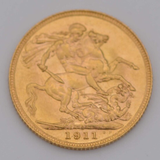 George V gold Sovereign coin, 1911, 8g.