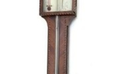 Georgian walnut stick barometer and thermometer, broken pediment with...