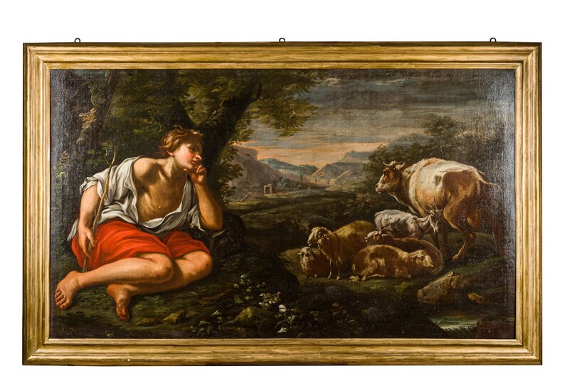 Giacinto Brandi (bottega di) (1621 - 1691), Landscape with shepherd and herds