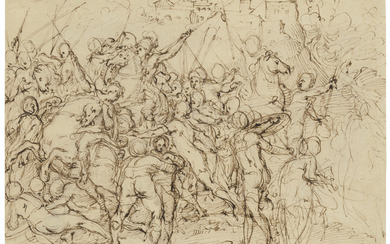 Giovanni Battista Naldini (Florence 1537-1591), An equestrian battle scene (recto); Two studies of the head of Lorenzo de' Medici, after Michelangelo (verso)