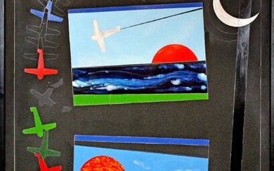 Giro del mondo-paesaggio con oggetti in movimento, tecnica mista su tela, cm 190x140, data e firma al retro Franco Angeli, 1983, entro cornice, (la tela presenta piccolo difetto), Franco Angeli (1935 - 1988)