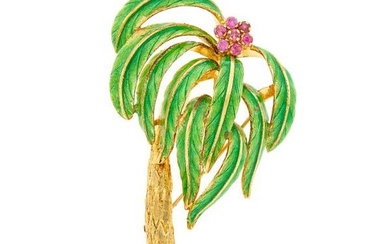 Gold, Enamel and Ruby Palm Tree Brooch