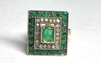 Gold, Silver - Ring - 1.12 ct Emeralds - Diamonds