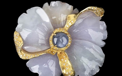 Gold, jadeite, blue asteria sapphire and diamonds pendant-brooch - by...