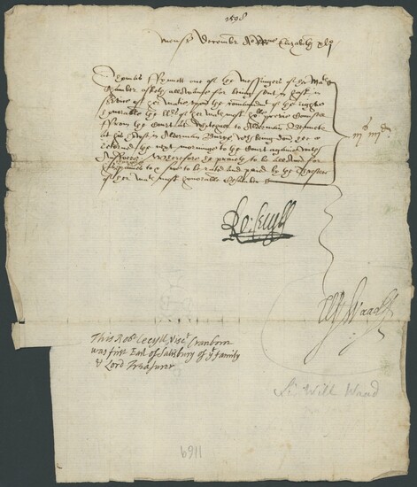 Great Britain Robert Cecil, 1st Earl of Salisbury 1598 payment request from Thomas Fynnett, mes...