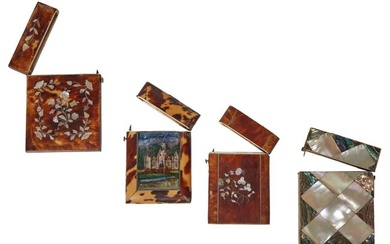 Group of Four English Victorian Calling Card Cases, 19th c., two tortoise shell with mother-of-pearl