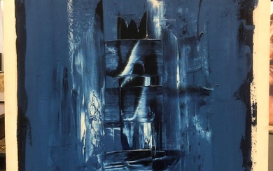 Guy DELAROQUE Composition à fond bleu Acrylique sur papier contrecollée sur toile