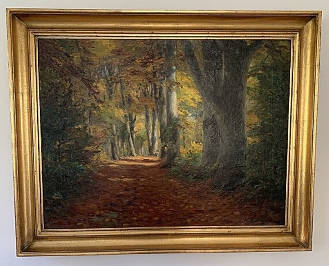 H. A. Brendekilde: Forest clearing with an empty bench. Signed H. A. Brendekilde 1911. Oil on canvas. 67×50. Frame size 80×63 cm.