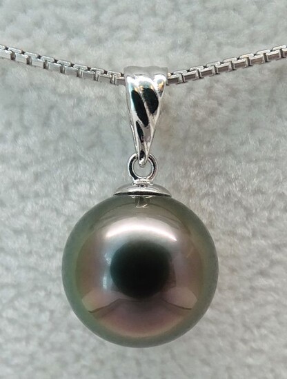HS Jewellery - Tahitian Pearl, Rikitea Pearl, Dark Pink Peacock, Round 10.94 mm - 18 kt. White gold - Pendant - No Reserve Price