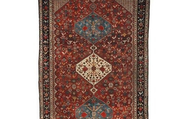 Handmade antique collectible Persian Khamseh rug 6.4' x