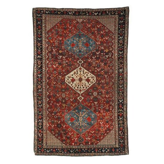 Handmade antique collectible Persian Khamseh rug 6.4' x