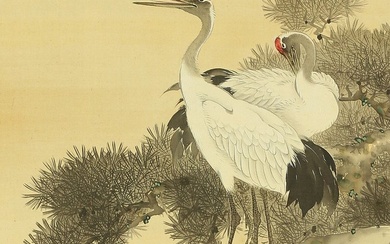 Hanging scroll, Painting - Silk - with Signature 'Gyokkei' 玉渓 and seal 'Shigenobu' 重信 'Gyokuzen' 玉禪 - Mochizuki Gyokkei 望月玉渓 (1874-1938) - Pine Tree and Two Cranes with Box - Japan - Early 20th century