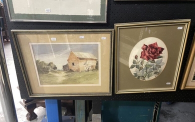 Helen Hudson ad Margaret Wills, "Red Rose" and "Country Cottage", framed watercolour paintings, each signed lower