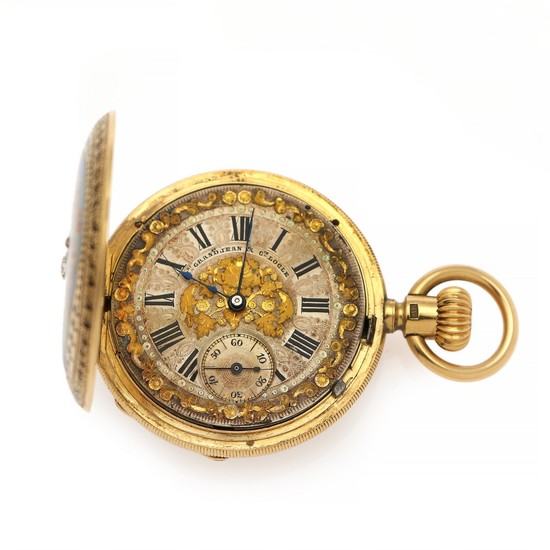 Henry Grandjean & Cie 18k gold hunter case enamelled and diamond set lady's pocket watch. C. 1870. Case diam. 35 mm. Retailer case.