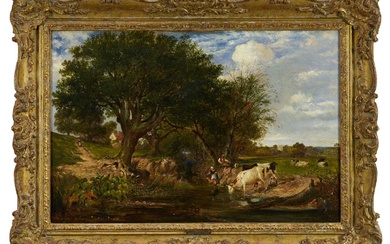 Henry Ladbrooke (1800-1870) oil on canvas - Cattle Watering, in gilt frame