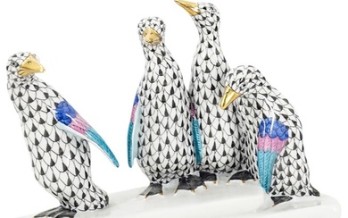 Herend Porcelain "Penguins On Ice" Black Fishnet Group Figurine