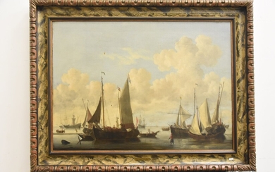 Huile sur toile marine attribuée à Willem van de Velde le Jeune 1655-1707 "Vue sur...