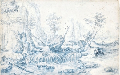 ISAAC MAJOR | A RUGGED MOUNTAIN LANDSCAPE WITH FIGURES BY A WATERFALL