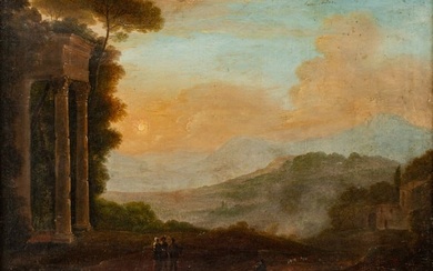 Italian Oil on Canvas, Ca. Early 19th C., "Sunset over Italian Ruins", H 14" W 18.5"