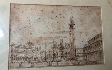 Italian school, in the Venetian taste Saint Mark's square Ink wash. Trace of signature in the lower right corner 26,5 x 18 cm Moisture stains