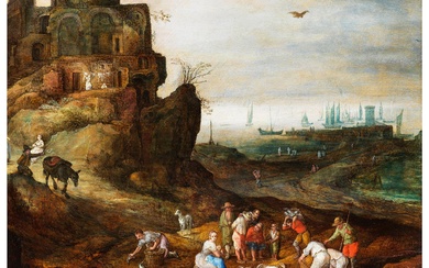 Jan Brueghel d. Ä. (1568-1625) und Joos de Momper d. J. (1564-1635), FELSIGE KÜSTENLANDSCHAFT MIT FISCHERN, DIE IHRE WARE ANBIETEN