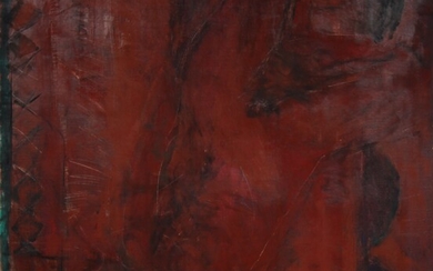 Jean-Marie DEROCHE (1956-) Au rouge et pont : Ophélia ? Huile sur toile signée et titrée, datée 91-94 sur le chassis. 101 x 101 cm.