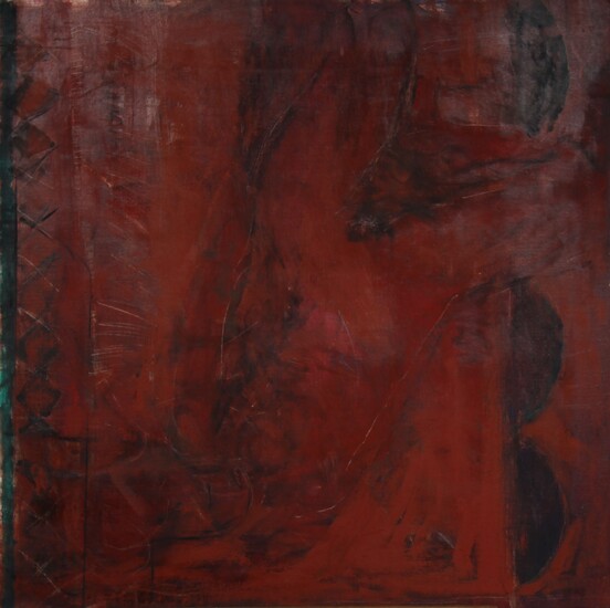Jean-Marie DEROCHE (1956-) Au rouge et pont : Ophélia ? Huile sur toile signée et titrée, datée 91-94 sur le chassis. 101 x 101 cm.