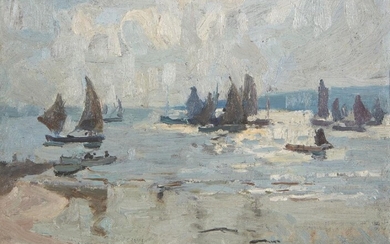AMENDMENT; please note the following work is oil on canvas laid down on card not oil on card as previously stated. John Anthony Park RBA ROI, British 1880-1962 - The Fishing Fleet Setting off at Dawn, 1910; oil on canvas laid down on card, signed...