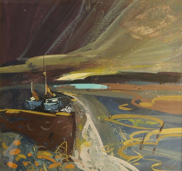 John Crolla, Scottish b.1929- Night boats; oil and watercolour on paper, signed and dated 2004 lower right, bears the artist's label to the reverse, 35.5 x 38 cm (ARR)
