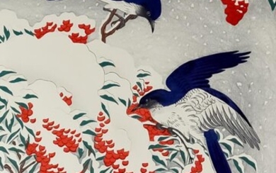 Koson Ohara (1877-1945) - Woodcut in colours - Flycatchers...