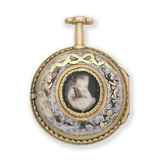 L'Epine, A Paris. A continental gold key wind open face pocket watch with enamel portrait miniat...